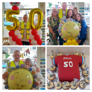 A collage of Paul’s 50th birthday party. L-R top: Paul, his friends from Coffee V, L-L-R bottom: Paul and Shared Lives carer Andrea, Paul’s birthday cake, which is football themed